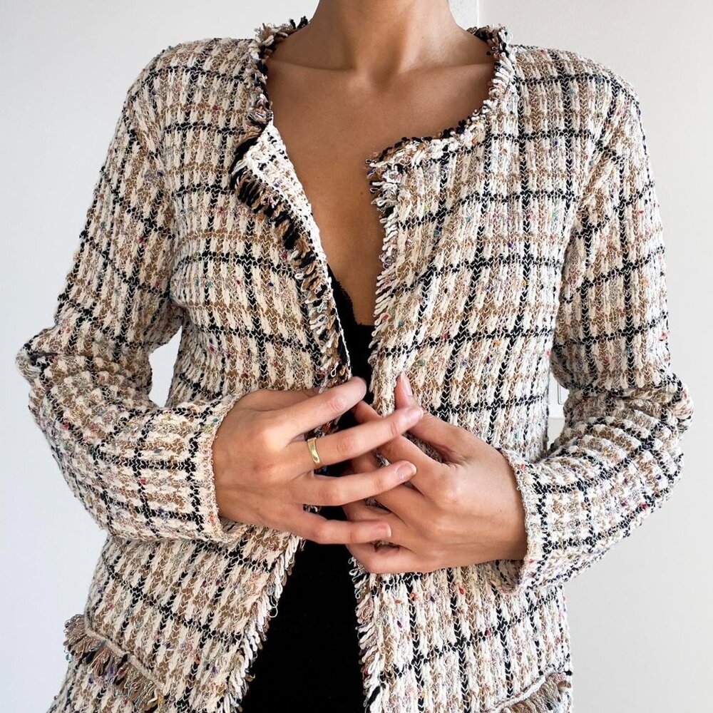 Cream & black plaid tweed metallic fringe blazer cardigan | Size XL - Picture 3 of 8
